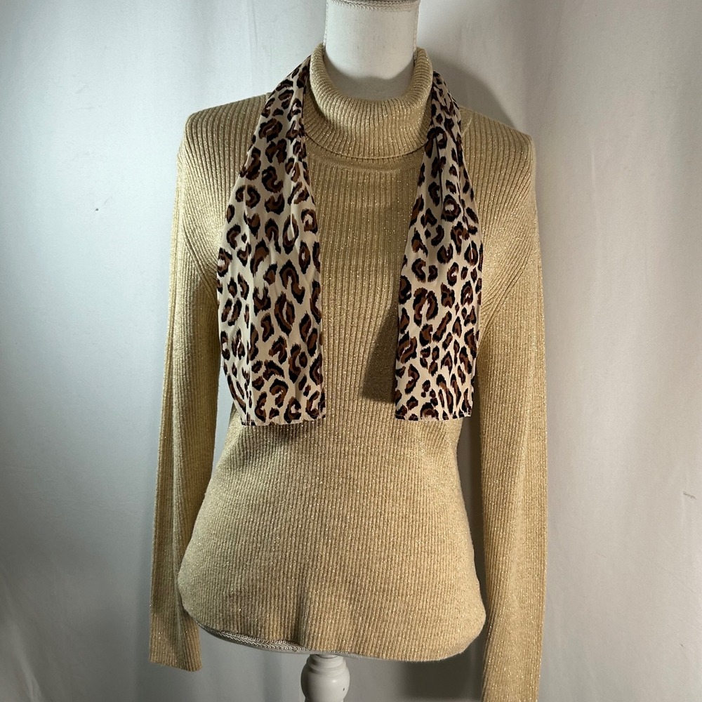 Worthington Metallic Ribbed Turtleneck Sweater Gold‎ Leopard Scarf Accent Size L